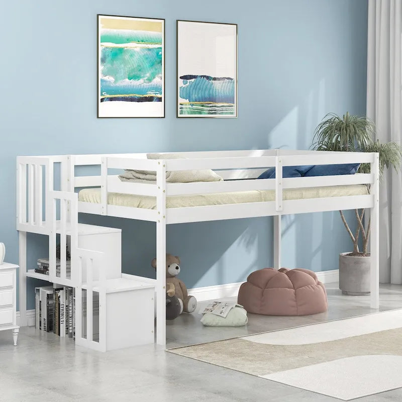 Letto a soppalco basso Twin con scala contenitore