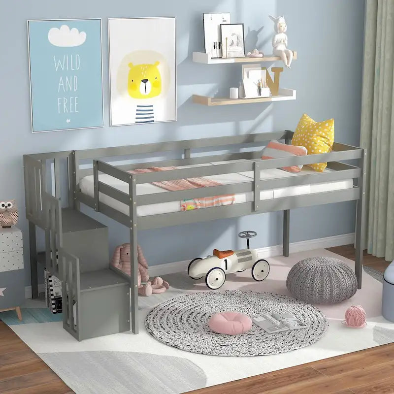 Solid Wood Twin Loft Bed with Staircase and Storage