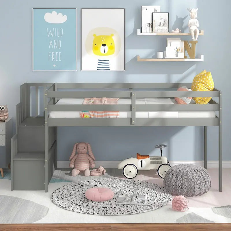 Twin Low Loft Bed with Storage Staircase
