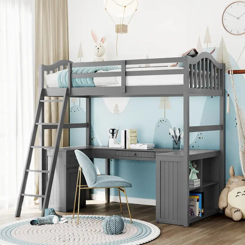 Letto a soppalco Twin con cassetti, mobiletto, mensole e scrivania