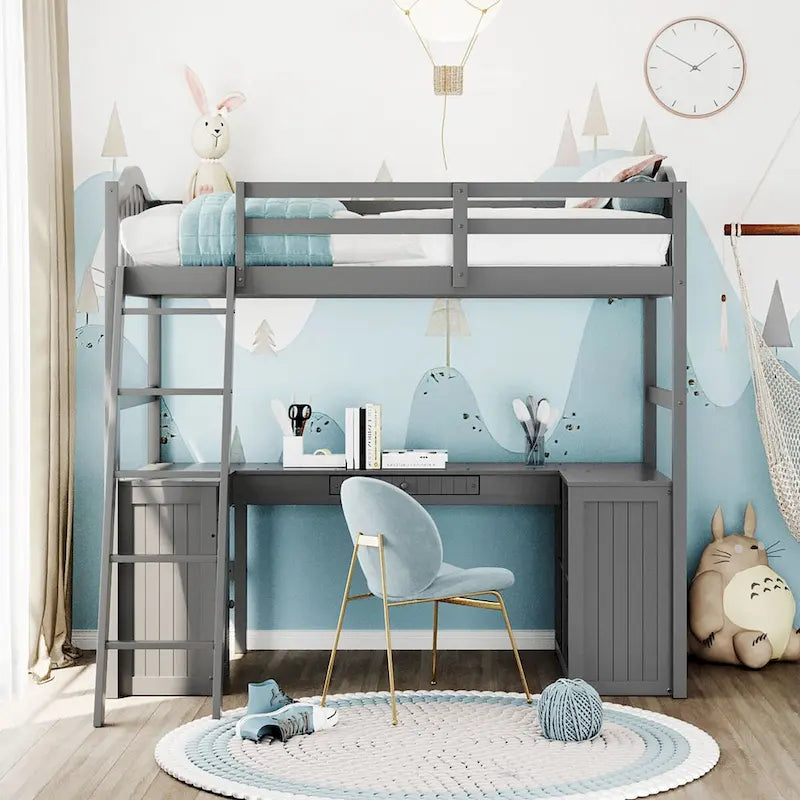 Letto a soppalco Twin con cassetti, mobiletto, mensole e scrivania