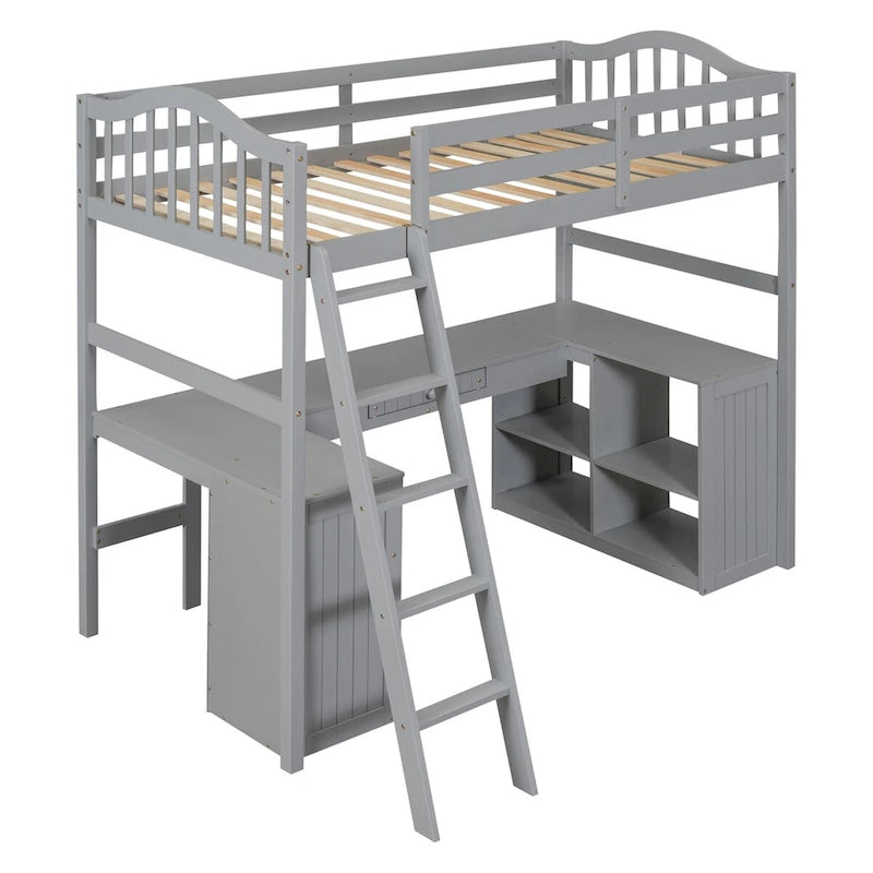 Twin Loft Bed with Drawers, Cabinet, Shelves & Desk