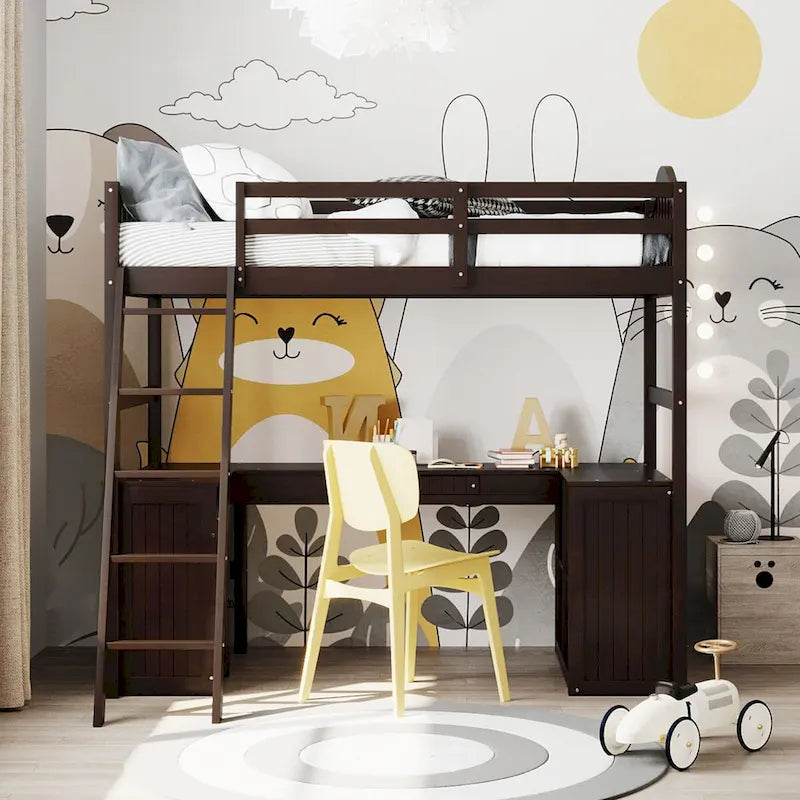 Twin Loft Bed with Drawers, Cabinet, Shelves & Desk