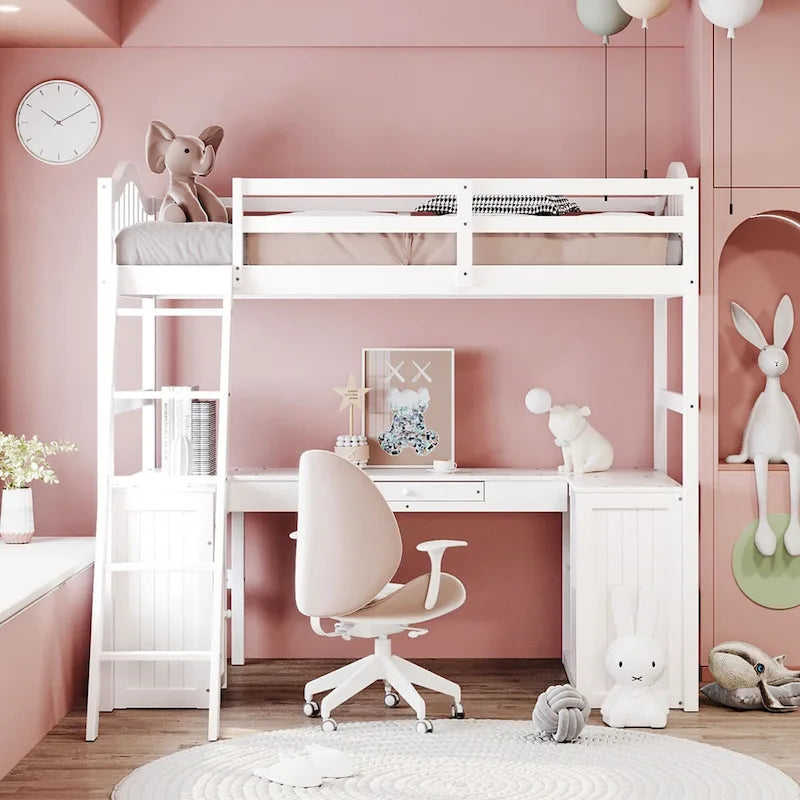 Twin Loft Bed with Drawers, Cabinet, Shelves & Desk