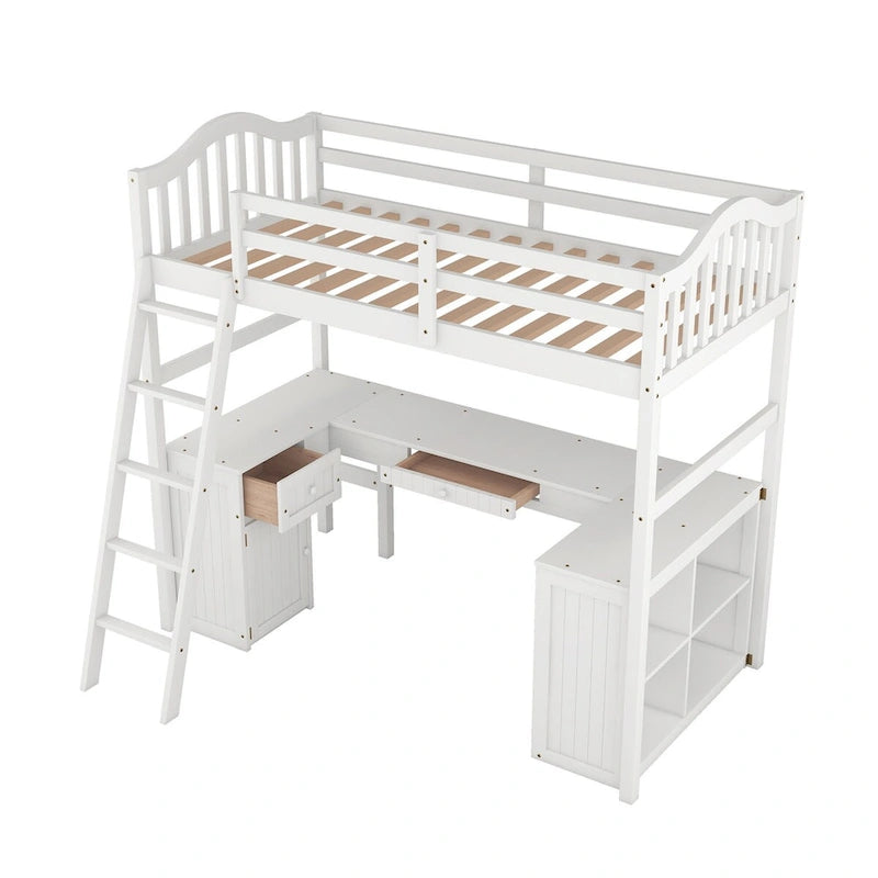 Twin Loft Bed with Drawers, Cabinet, Shelves & Desk