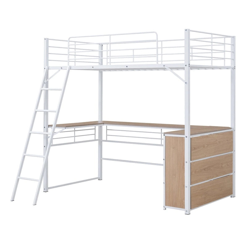 Metallhochbett in Twin-Größe mit L-förmigem Schreibtisch, dreistufigen Regalen und wendbarer Leiter