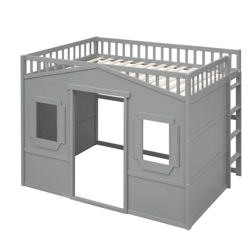 Gray Castle Style Full Size Solid Pine Wood Loft Bed with Ladder and Guard Rails