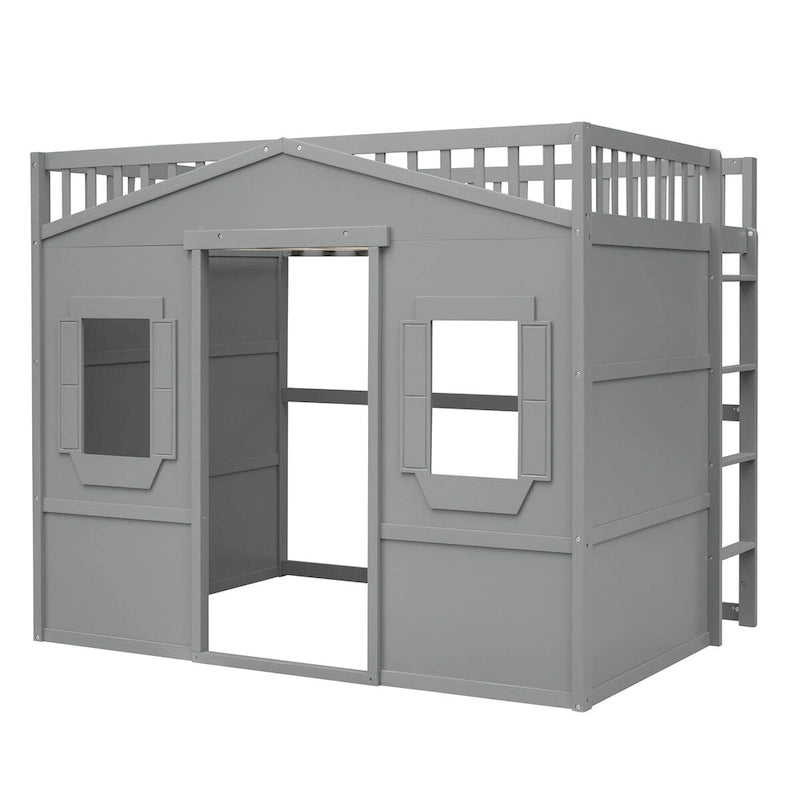Cama alta estilo castillo con escalera y barandillas de seguridad