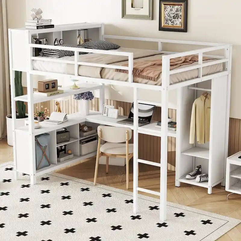 Metallhochbett mit L-förmigem Schreibtisch und Kleiderschrank