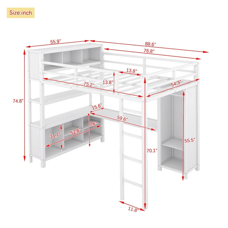 Metallhochbett mit L-förmigem Schreibtisch und Kleiderschrank
