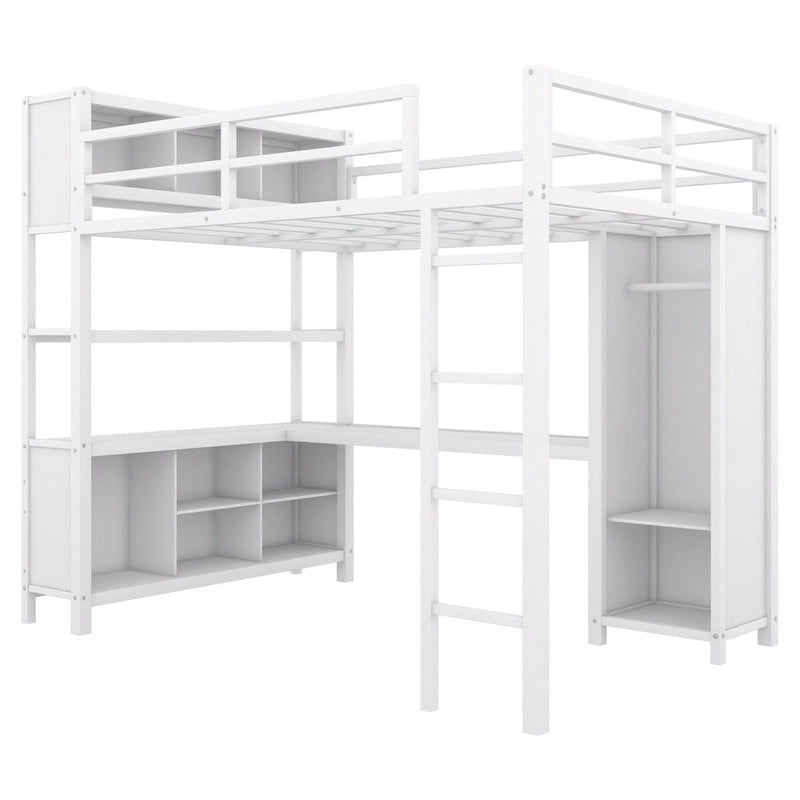 Metallhochbett mit L-förmigem Schreibtisch und Kleiderschrank