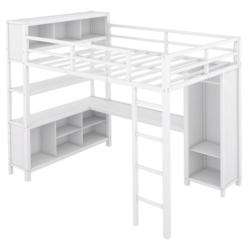 Lit mezzanine métallique avec bureau en L et armoire