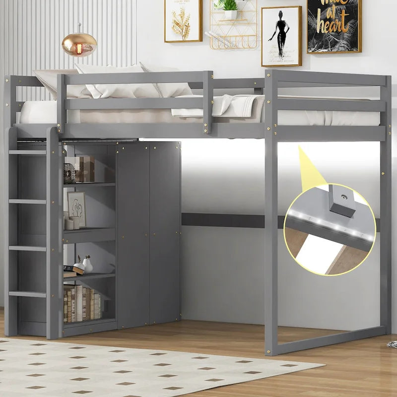 Cama alta de madera con armario, estantes de 4 niveles y luz LED