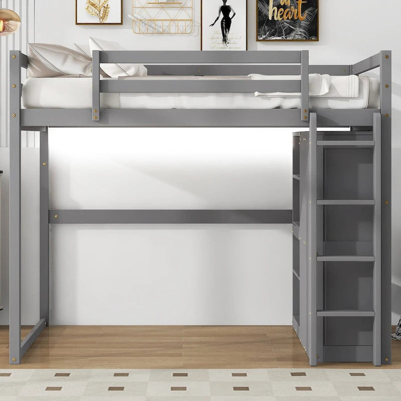 Cama alta de madera con armario, estantes de 4 niveles y luz LED