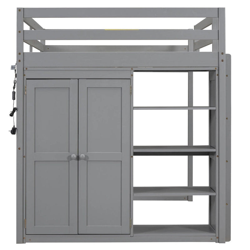Letto a soppalco in legno con armadio, mensole a 4 livelli e luce LED