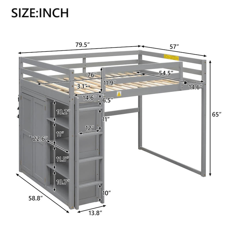 Letto a soppalco in legno con armadio, mensole a 4 livelli e luce LED