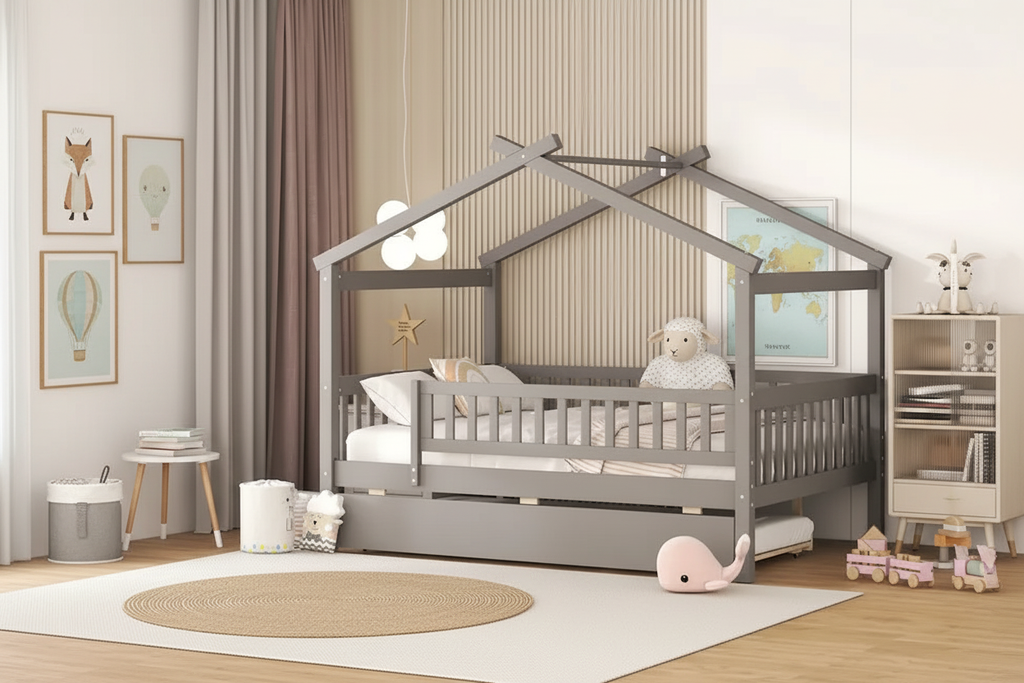 House-shaped bed wide angle view