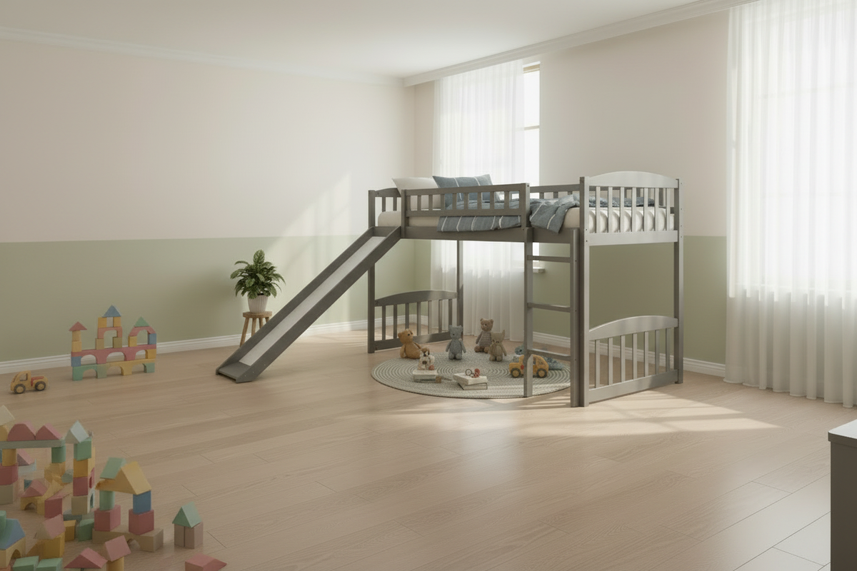 Wide angle view of children's bunk bed room